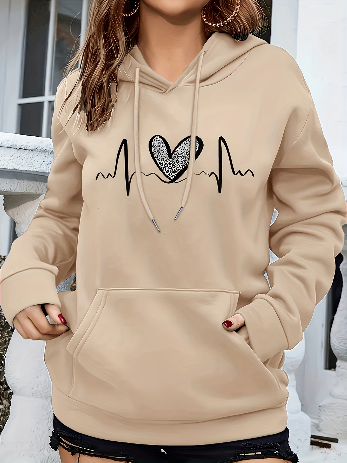 Comfortable Heartbeat Print Hoodie for Women with Drawstring Hood Long Sleeve Kangaroo Pocket Oversized Style