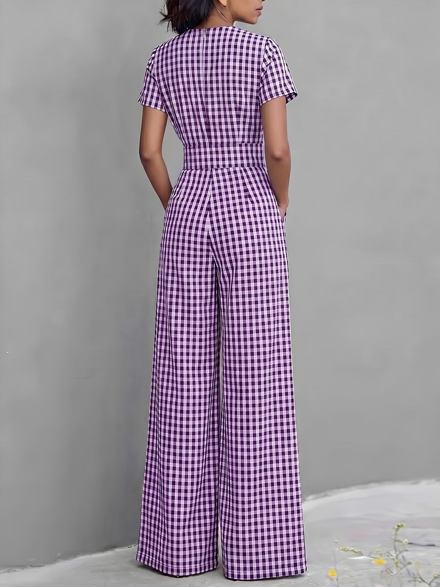 Effortless Gingham Wide Leg Jumpsuit for Women with V Neck Short Sleeve Fitted Waist Pocket Style