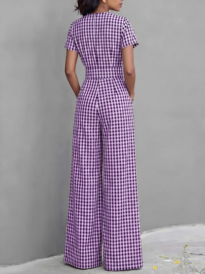 Effortless Gingham Wide Leg Jumpsuit for Women with V Neck Short Sleeve Fitted Waist Pocket Style