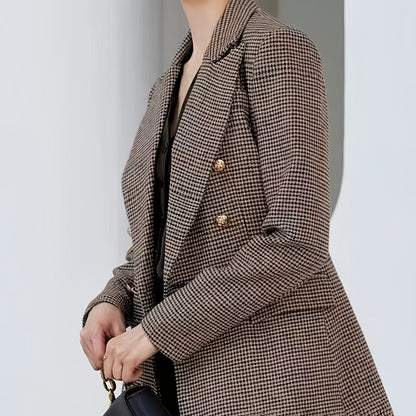 Elegant Coffee Brown Houndstooth Blazer for Women with Notched Lapel Long Sleeve Double Breasted Oversized Style