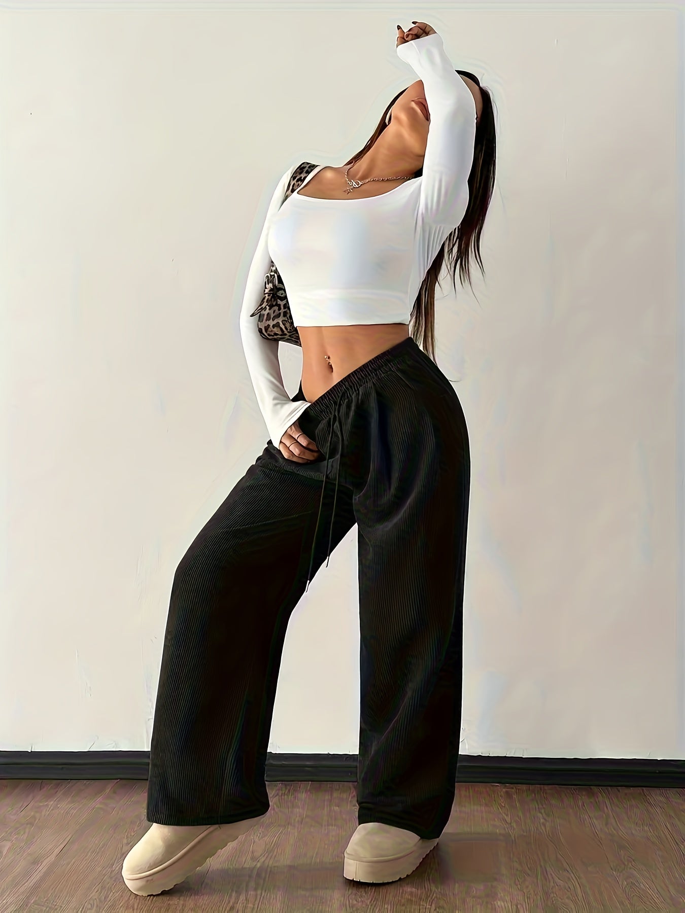 Effortless Dark Brown Corduroy Wide Leg Pants for Women with High Waist Drawstring Relaxed Casual Style