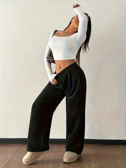 Effortless Dark Brown Corduroy Wide Leg Pants for Women with High Waist Drawstring Relaxed Casual Style