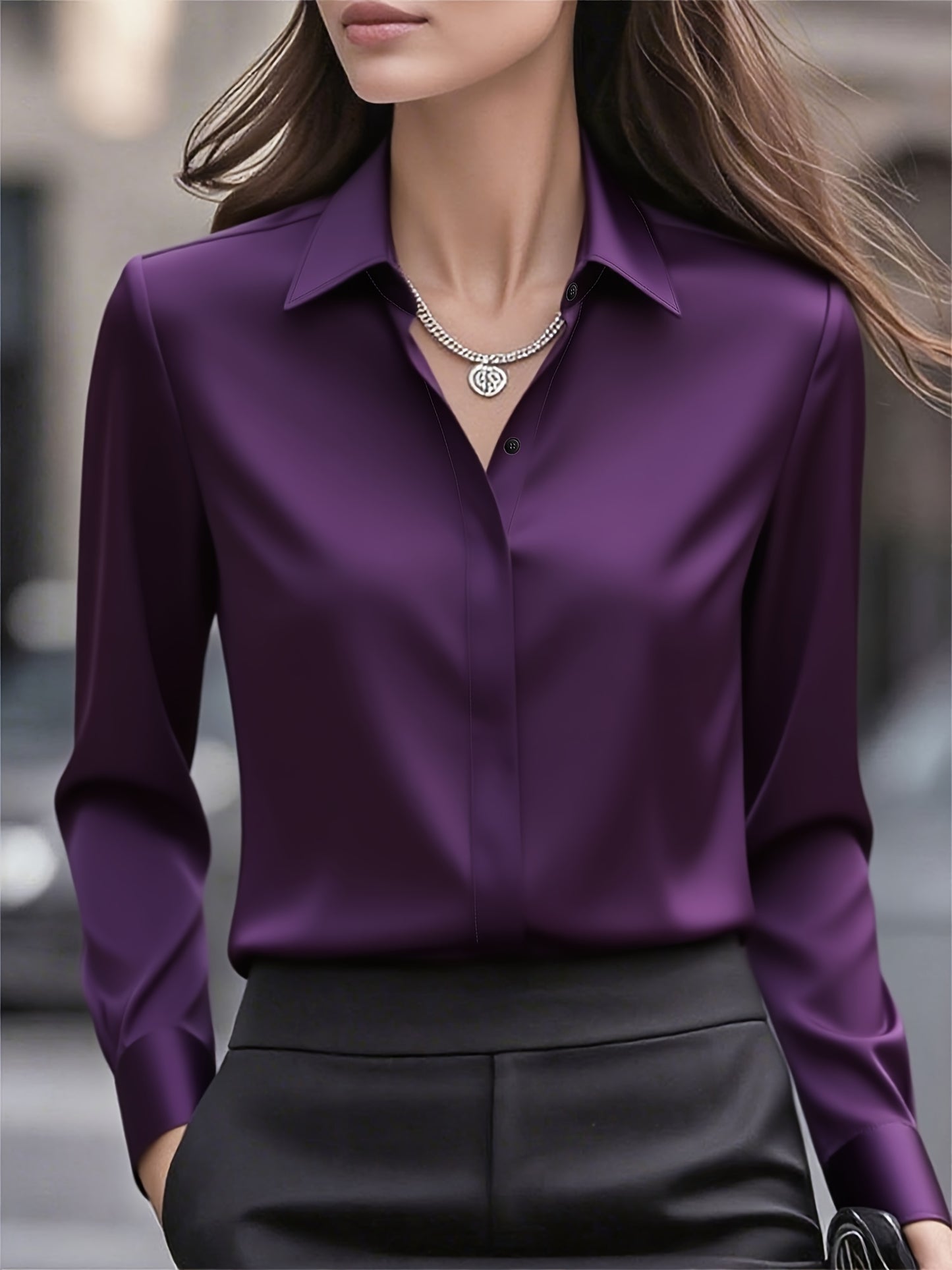 Elegant Satin Blouse for Women with Collar Long Sleeve Button Front Relaxed Silky Style