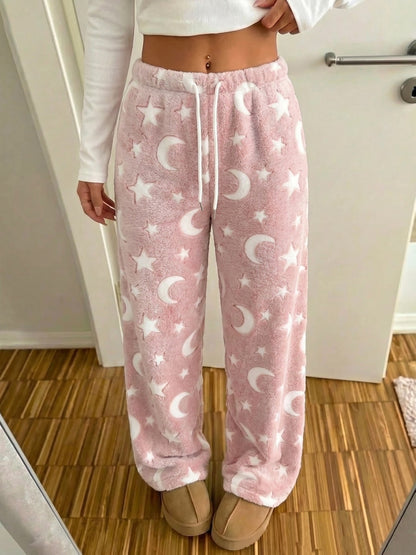 Comfortable Star Moon Print Fleece Pajama Pants for Women with High Waist Drawstring Wide Leg Cozy Style
