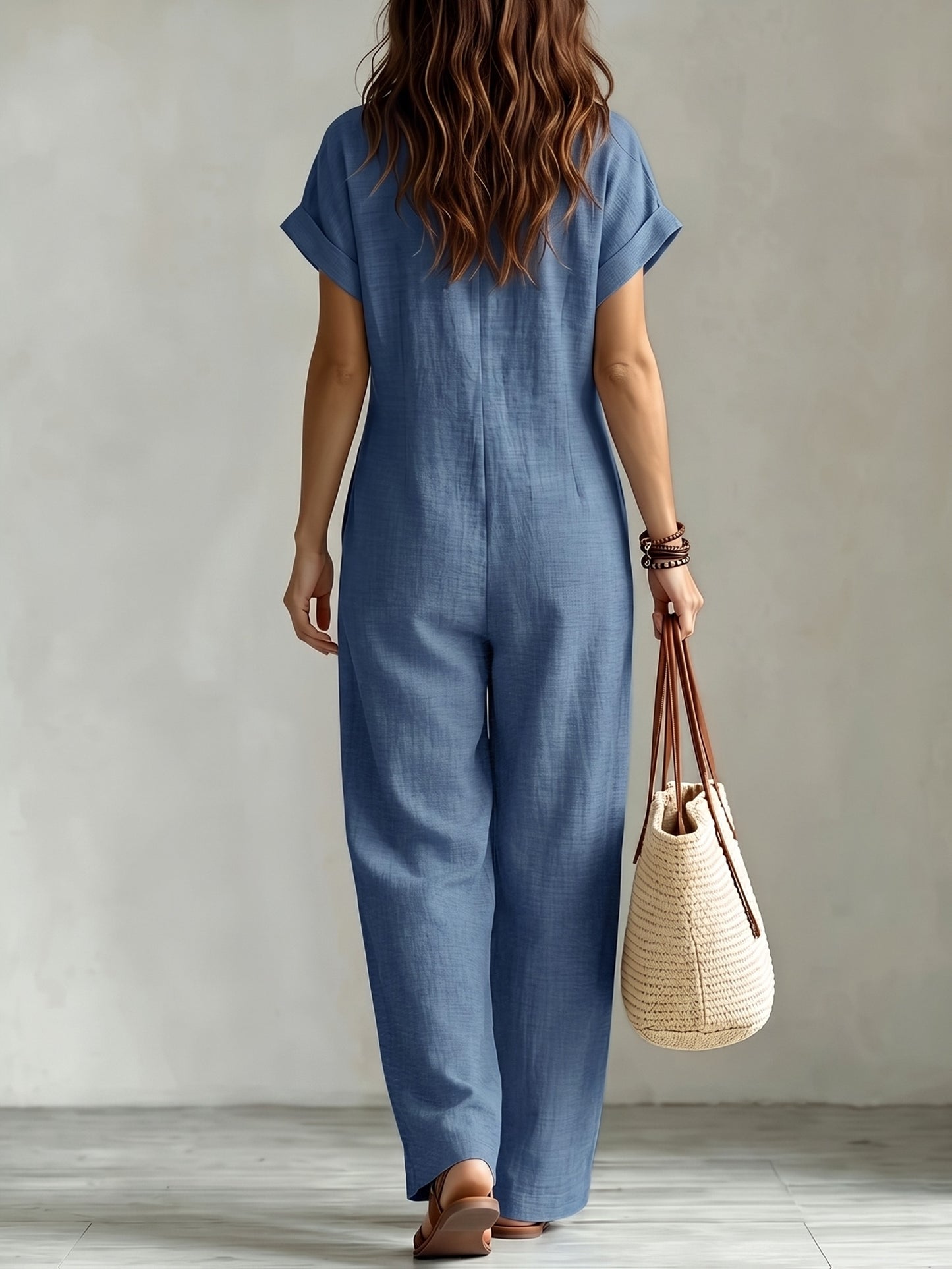 Effortless Linen Jumpsuit for Women with Collar Short Sleeve Button Front Wide Leg Casual Style