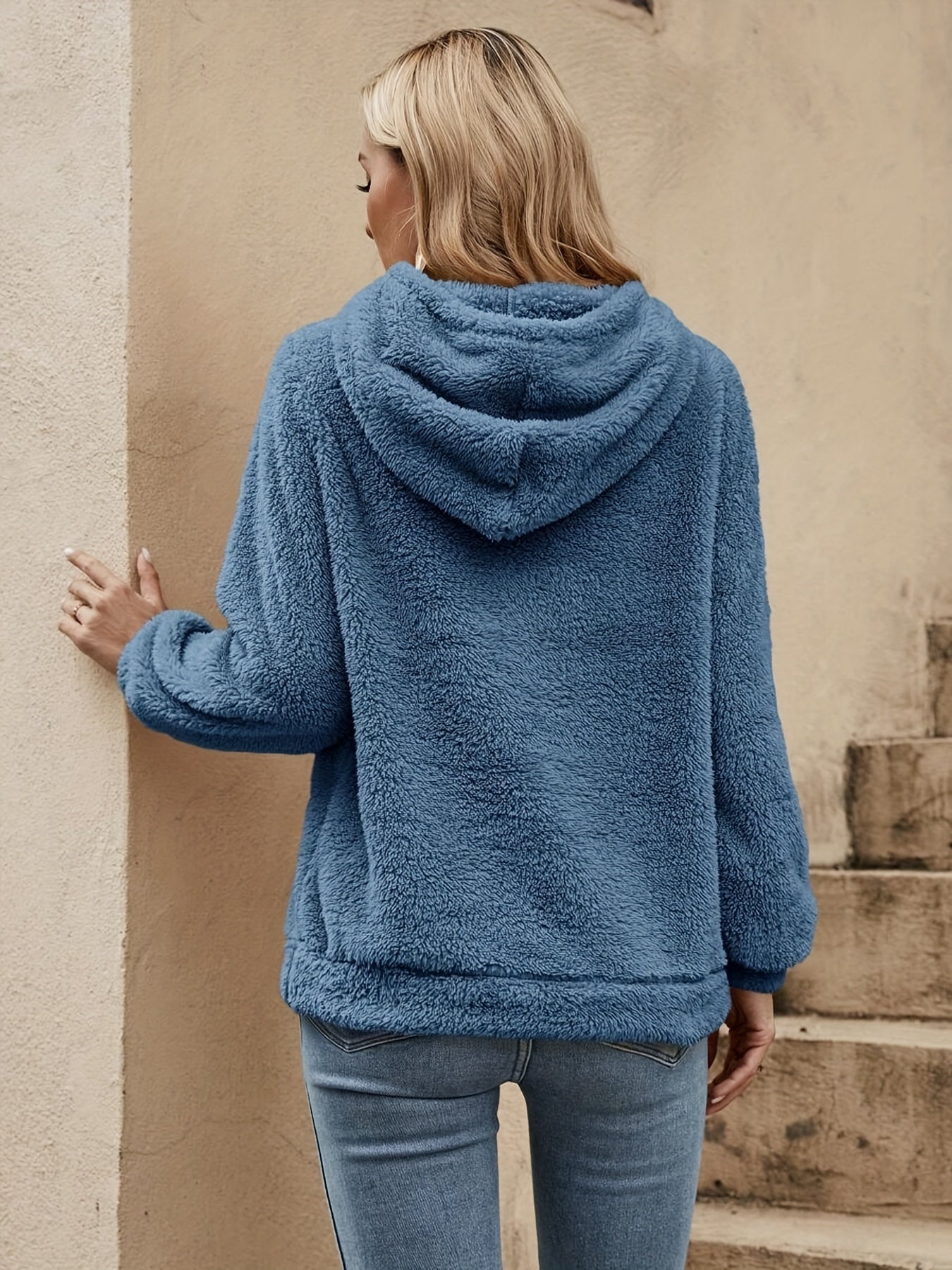 [Women's Teddy Hoodie] Women's Solid Color Teddy Hoodie - Casual Long Sleeve Drawstring Hooded Sweatshirt - Clothing