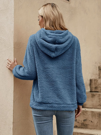 [Women's Teddy Hoodie] Women's Solid Color Teddy Hoodie - Casual Long Sleeve Drawstring Hooded Sweatshirt - Clothing