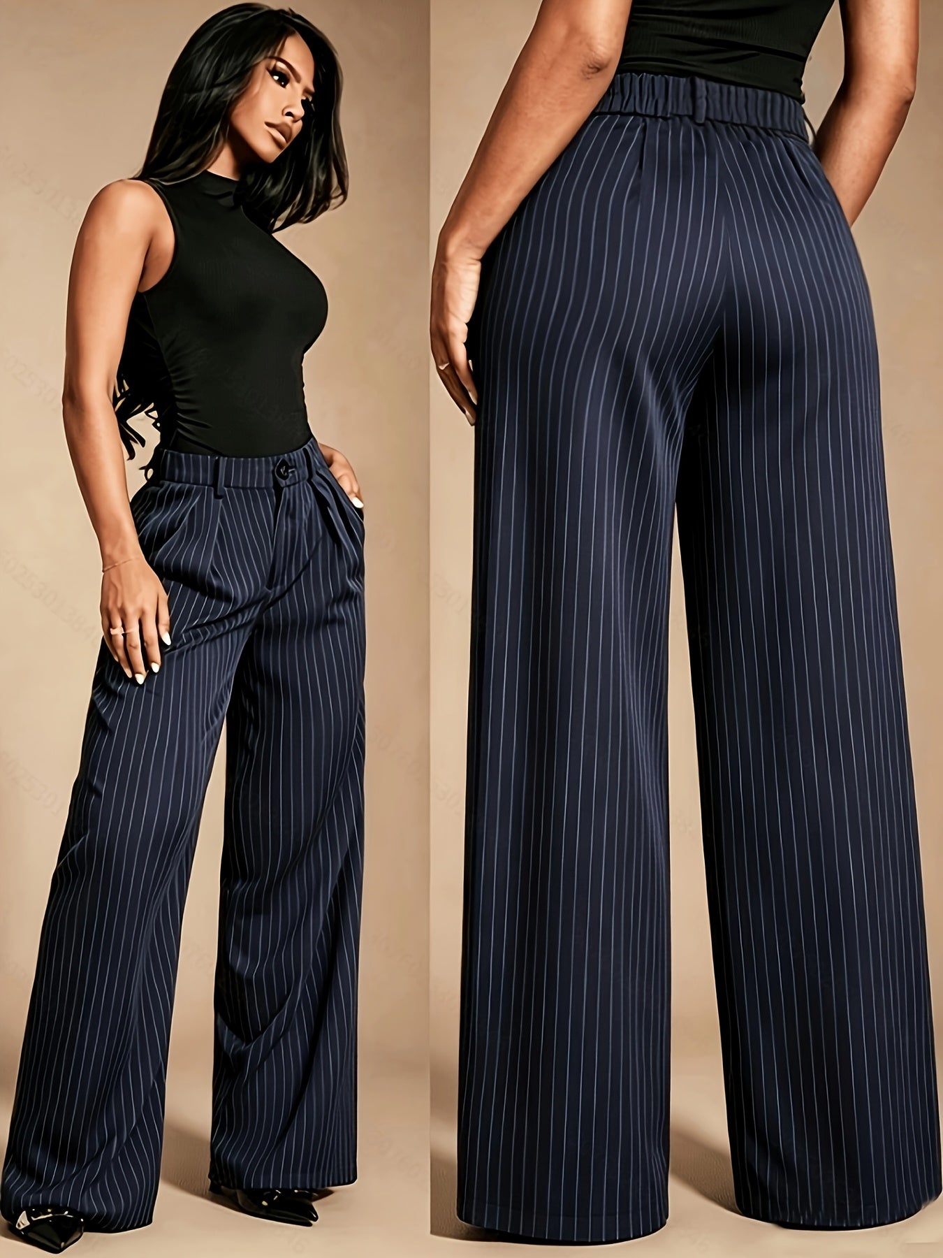 Effortless Navy Pinstripe Wide Leg Pants for Women with High Waist Pleated Front Tailored Relaxed Style