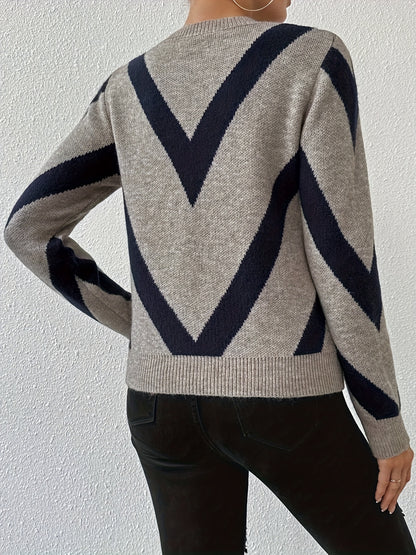 Comfortable Coffee Brown Chevron Sweater for Women with Crew Neck Long Sleeve Relaxed Oversized Knit Style