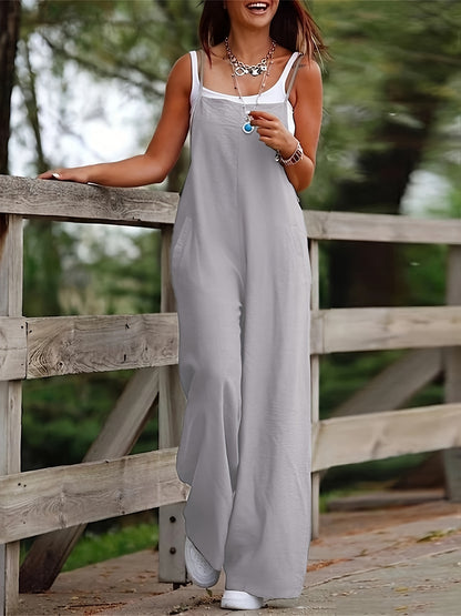 Effortless Wide Leg Jumpsuit for Women with Square Neck Sleeveless Pocket Relaxed Casual Style
