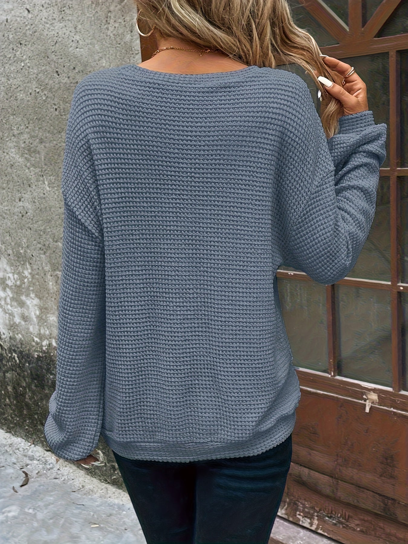 Comfortable Waffle Knit Sweater for Women with Round Neck Long Sleeve Relaxed Oversized Style