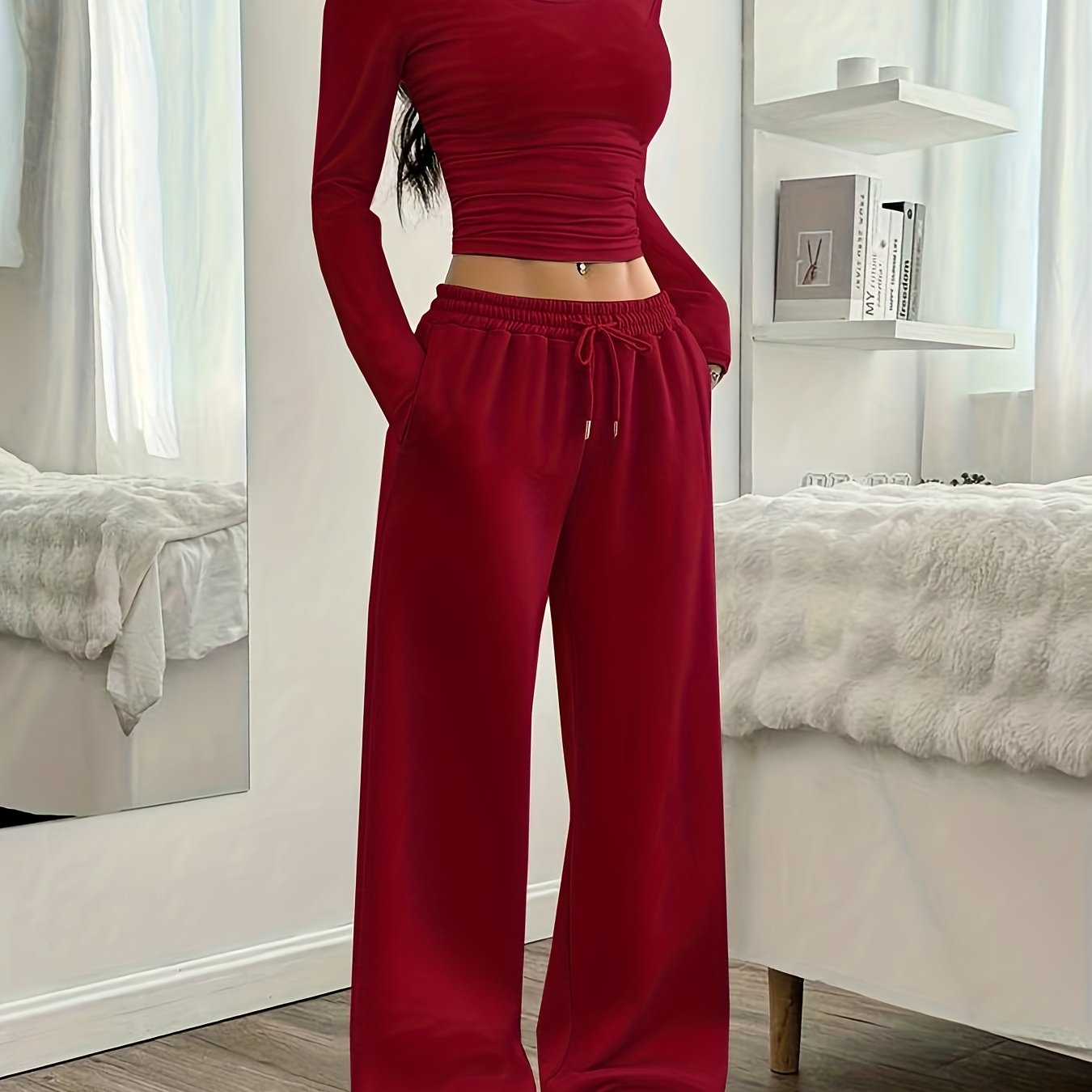 Oriented Elegant Ladies' Trousers Drawstring Pocket Design Solid Color Easy Versatile Sweatpants