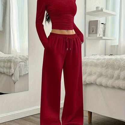 Oriented Elegant Ladies' Trousers Drawstring Pocket Design Solid Color Easy Versatile Sweatpants