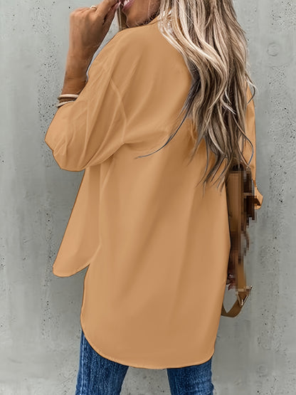 Effortless Button Front Blouse for Women with Collar Long Sleeve Chest Pocket Relaxed Style