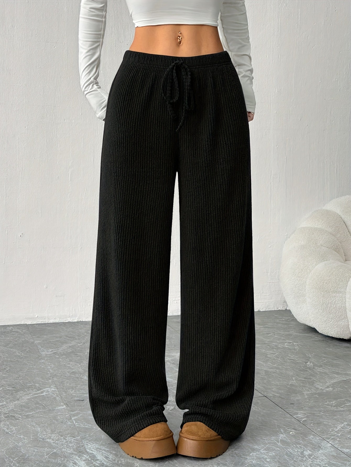 Effortless Ribbed Wide Leg Pants for Women with High Waist Drawstring Relaxed Flowing Casual Style