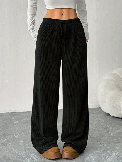 Effortless Ribbed Wide Leg Pants for Women with High Waist Drawstring Relaxed Flowing Casual Style