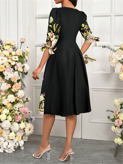 Elegant Border Print Midi Dress for Women with Round Neck Bubble Sleeve Bow Tie Flowing Style