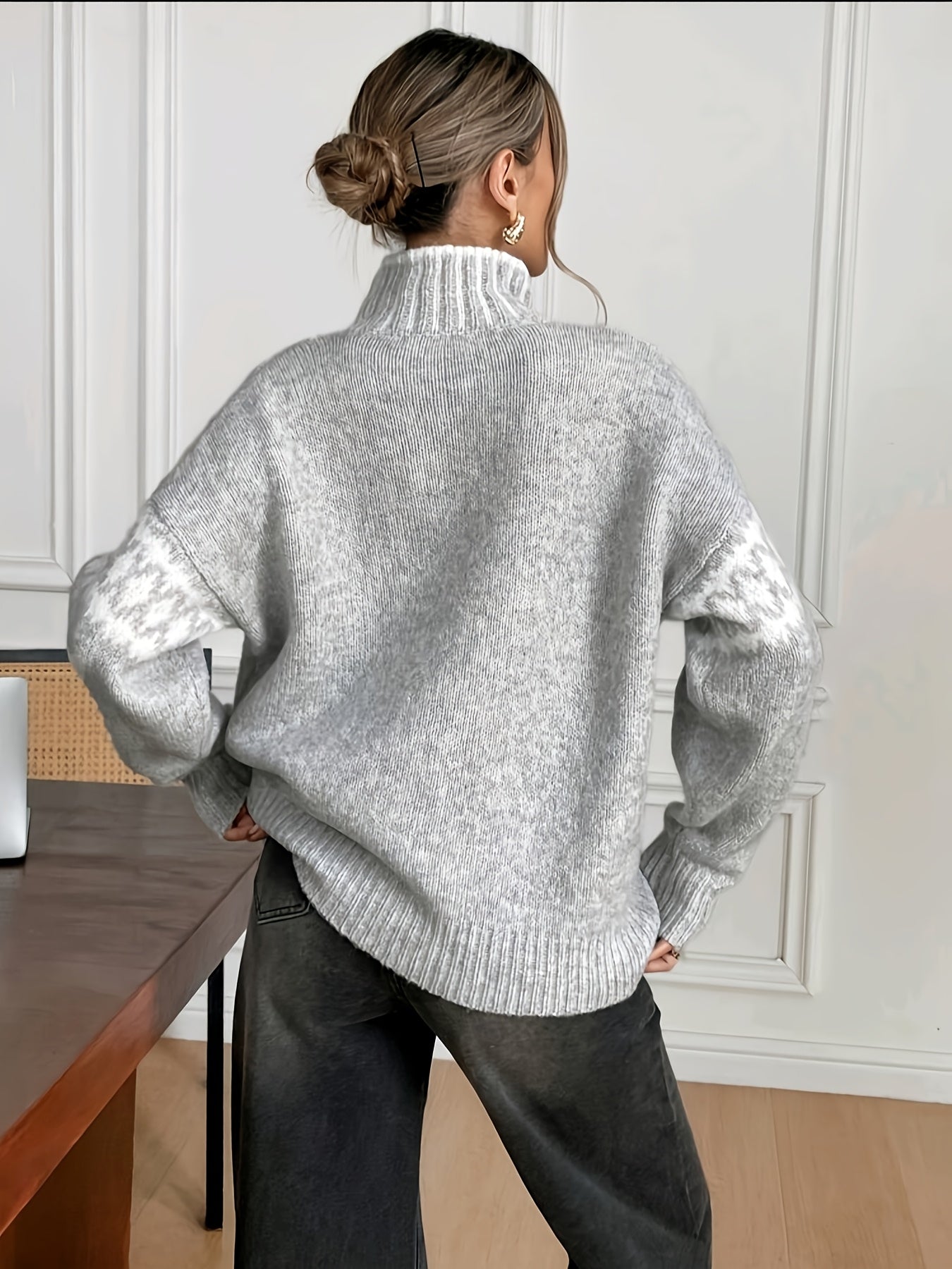 Comfortable Grey Jacquard Sweater for Women with High Neck Long Sleeve Relaxed Oversized Knit Style