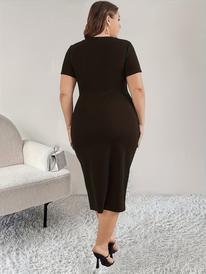 Elegant Bodycon Midi Dress for Women with Round Neck Short Sleeve Pearl Button Side Slit Cocktail Style