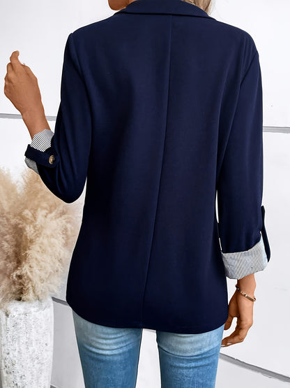 Elegant Striped Cuff Blazer for Women with Notch Lapel Roll Tab Sleeve Relaxed Style