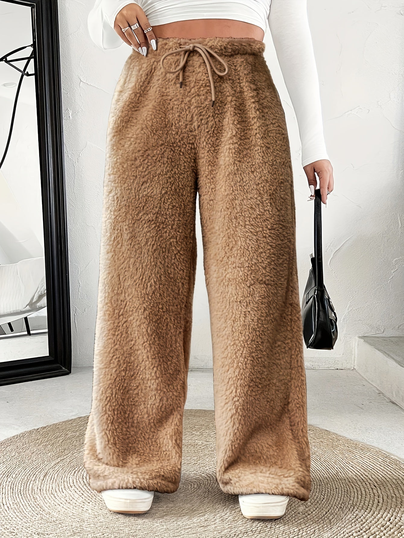Comfortable Sherpa Wide Leg Pants for Women with High Waist Drawstring Relaxed Flowing Casual Style
