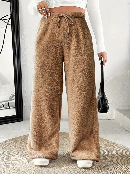 Comfortable Sherpa Wide Leg Pants for Women with High Waist Drawstring Relaxed Flowing Casual Style