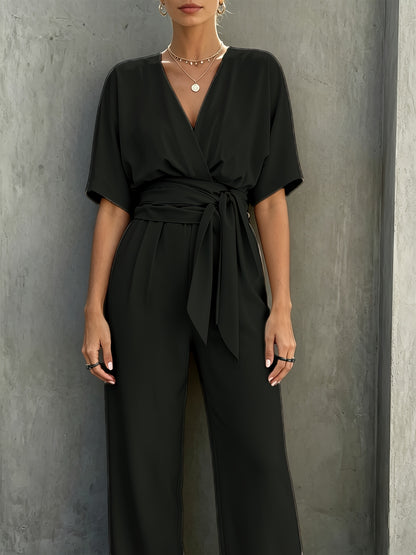 Elegant Wrap Jumpsuit for Women with V Neck Kimono Sleeve Belted Wide Leg Style