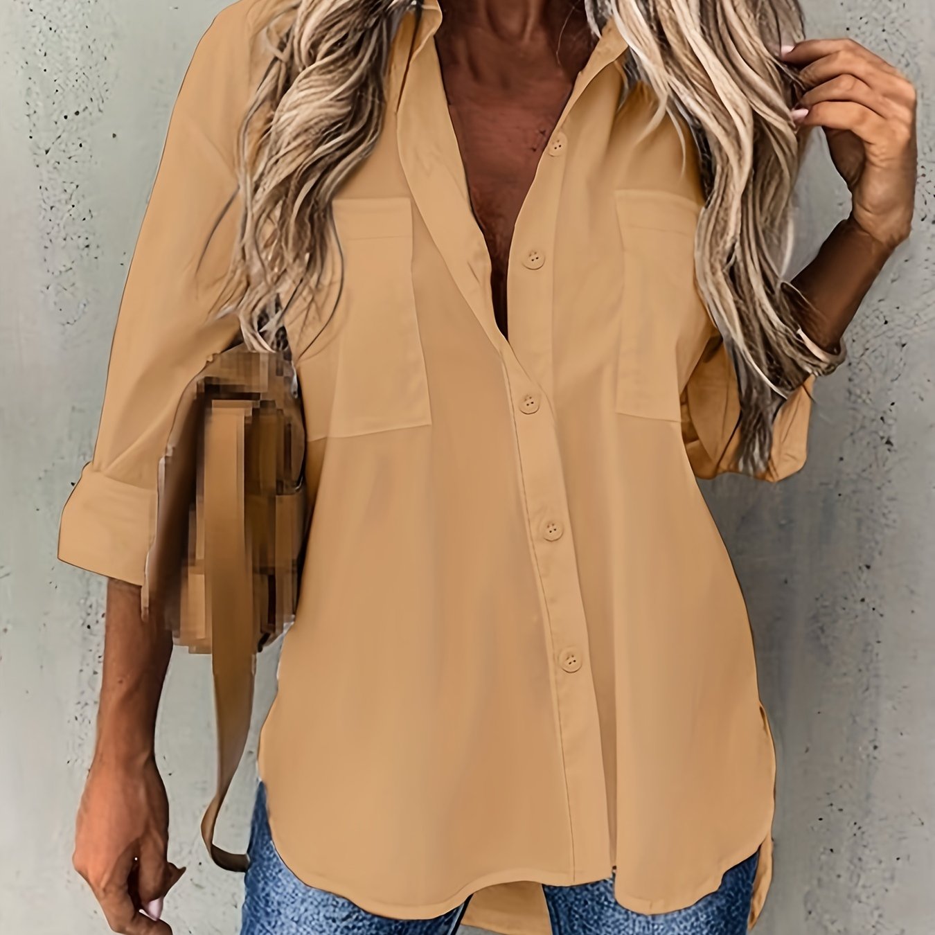 Effortless Button Front Blouse for Women with Collar Long Sleeve Chest Pocket Relaxed Style