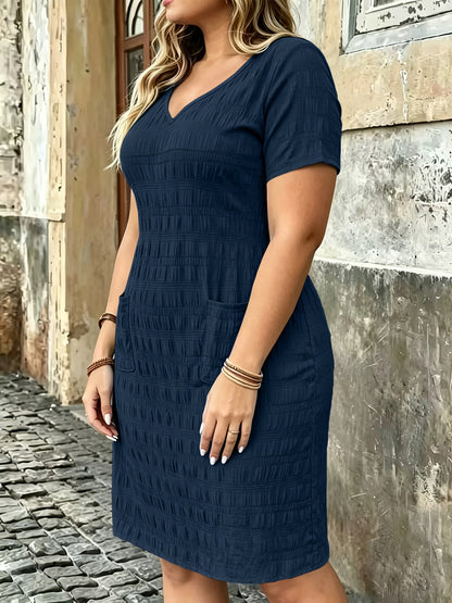 Effortless Textured Shift Dress for Women with V Neck Short Sleeve Side Pocket Relaxed Casual Style