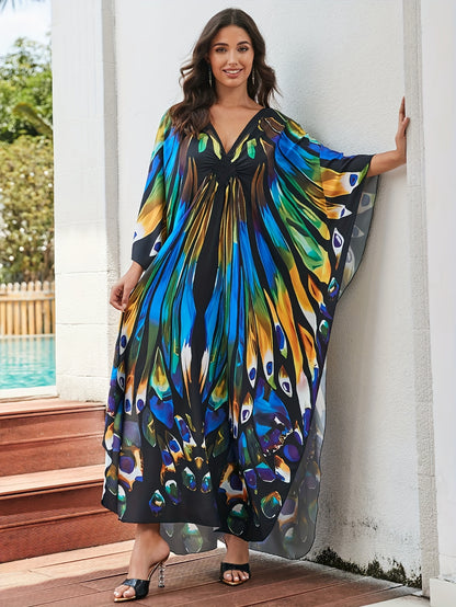 Elegant Multicolor Peacock Print Kaftan Maxi Dress for Women with V Neck Batwing Sleeve Flowing Bohemian Style