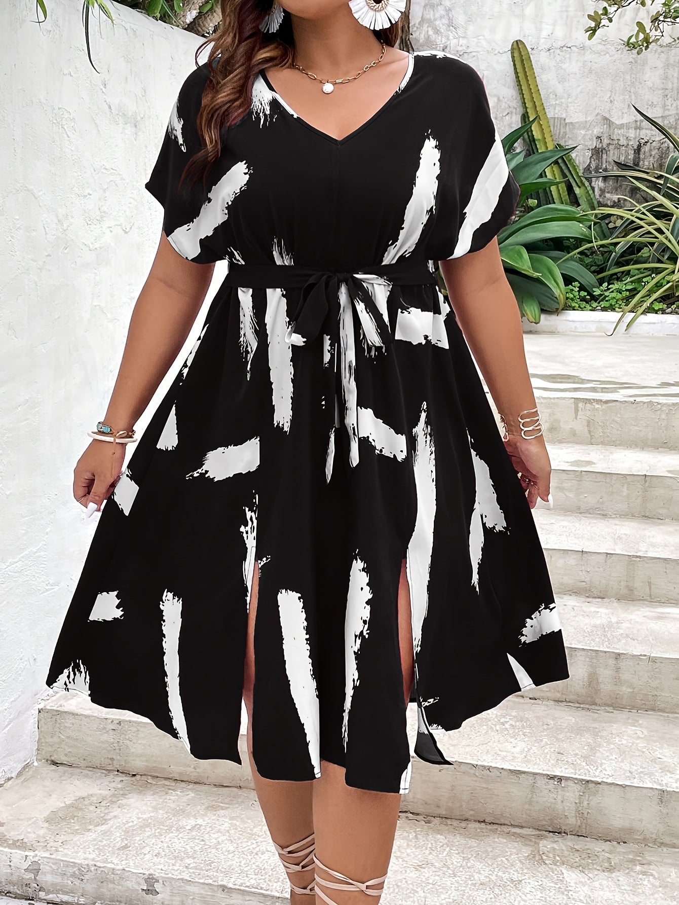 Effortless Burgundy Abstract Print Midi Dress for Women with V Neck Batwing Sleeve Belted Side Slit Flowing Style