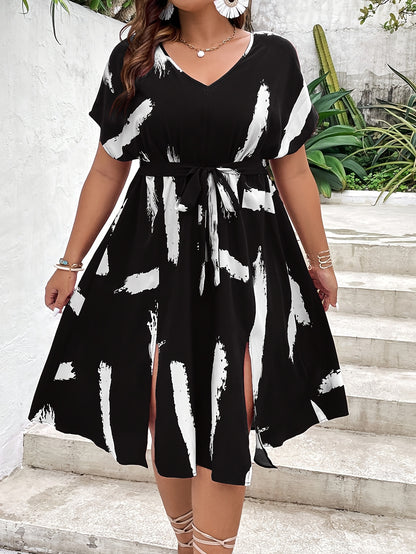 Effortless Burgundy Abstract Print Midi Dress for Women with V Neck Batwing Sleeve Belted Side Slit Flowing Style