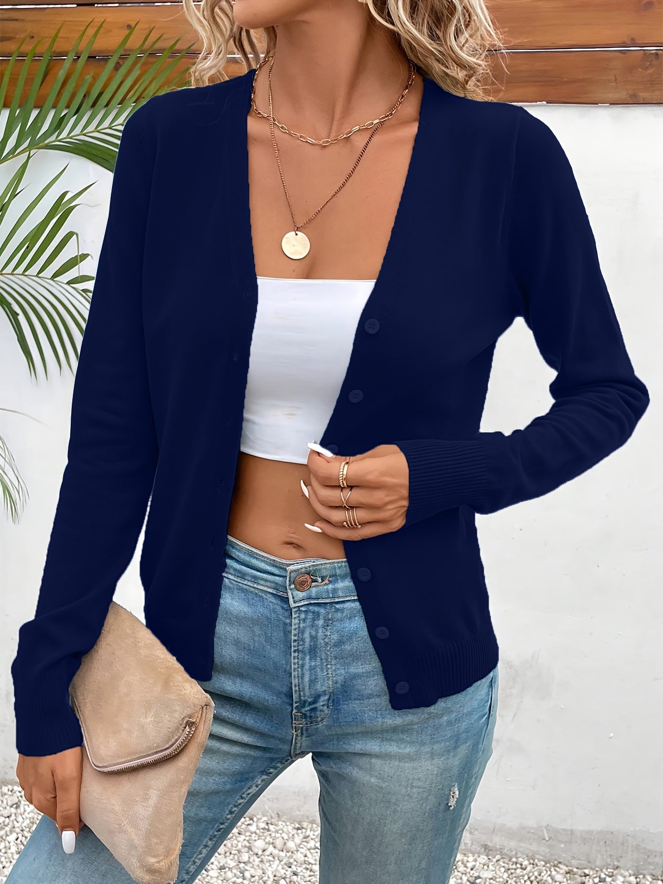 Comfortable Button Front Cardigan Sweater for Women with V Neck Long Sleeve Ribbed Cuff Relaxed Style