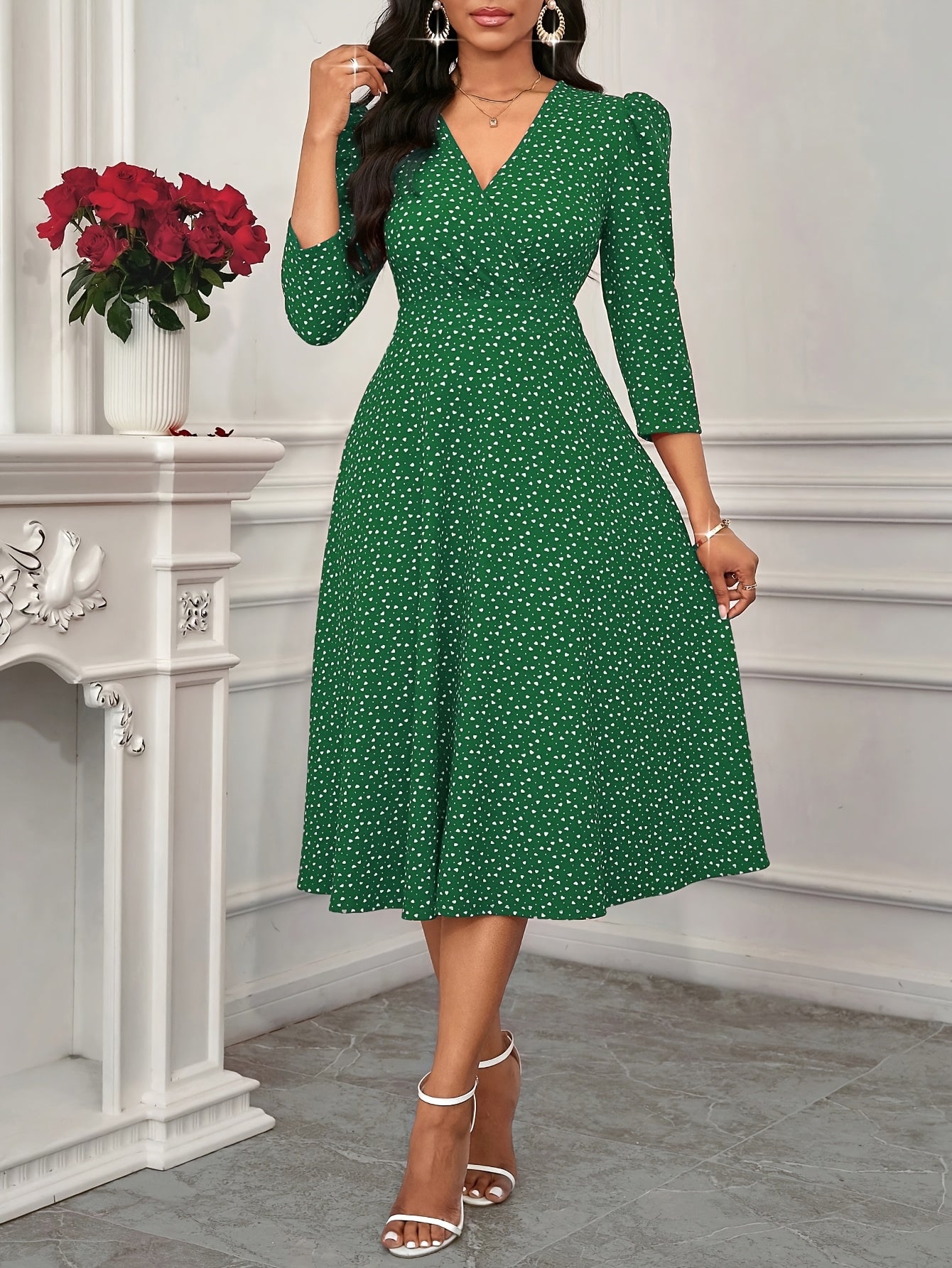 Elegant Green Polka Dot Midi Dress for Women with V Neck Elbow Sleeve Ruched Fit and Flare Wedding Guest Style