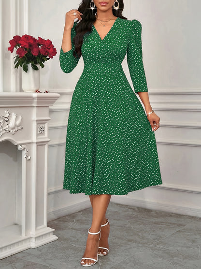 Elegant Green Polka Dot Midi Dress for Women with V Neck Elbow Sleeve Ruched Fit and Flare Wedding Guest Style