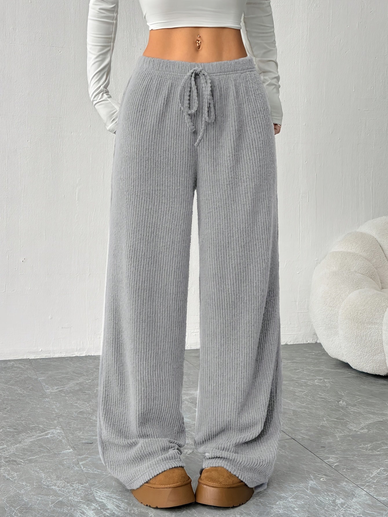Effortless Ribbed Knit Wide Leg Pants for Women with High Waist Drawstring Relaxed Flowing Casual Style