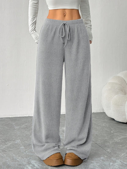 Effortless Ribbed Knit Wide Leg Pants for Women with High Waist Drawstring Relaxed Flowing Casual Style