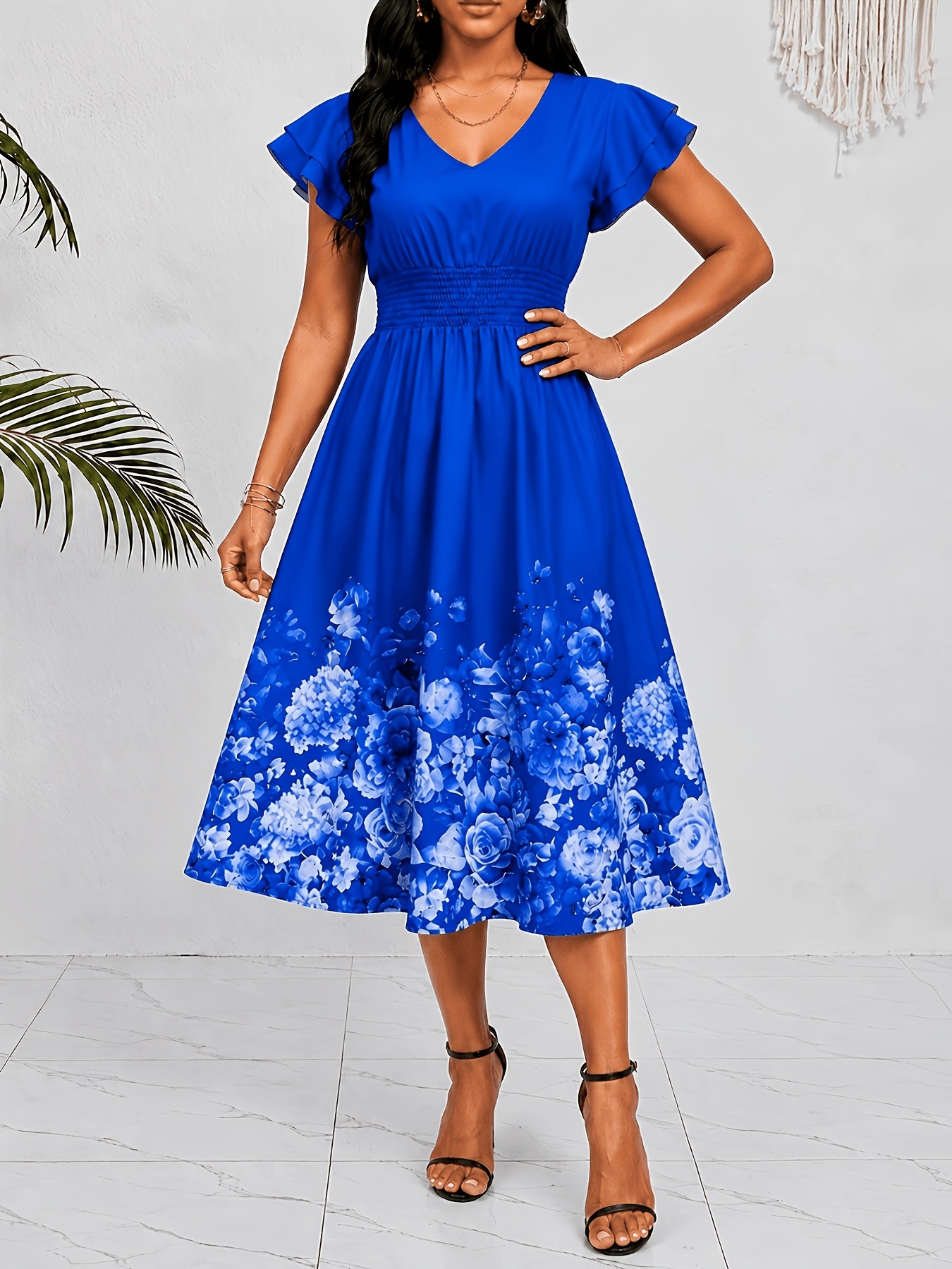 Effortless Blue Floral Midi Dress for Women with V Neck Flutter Sleeve Smocked Waist Flowing Style
