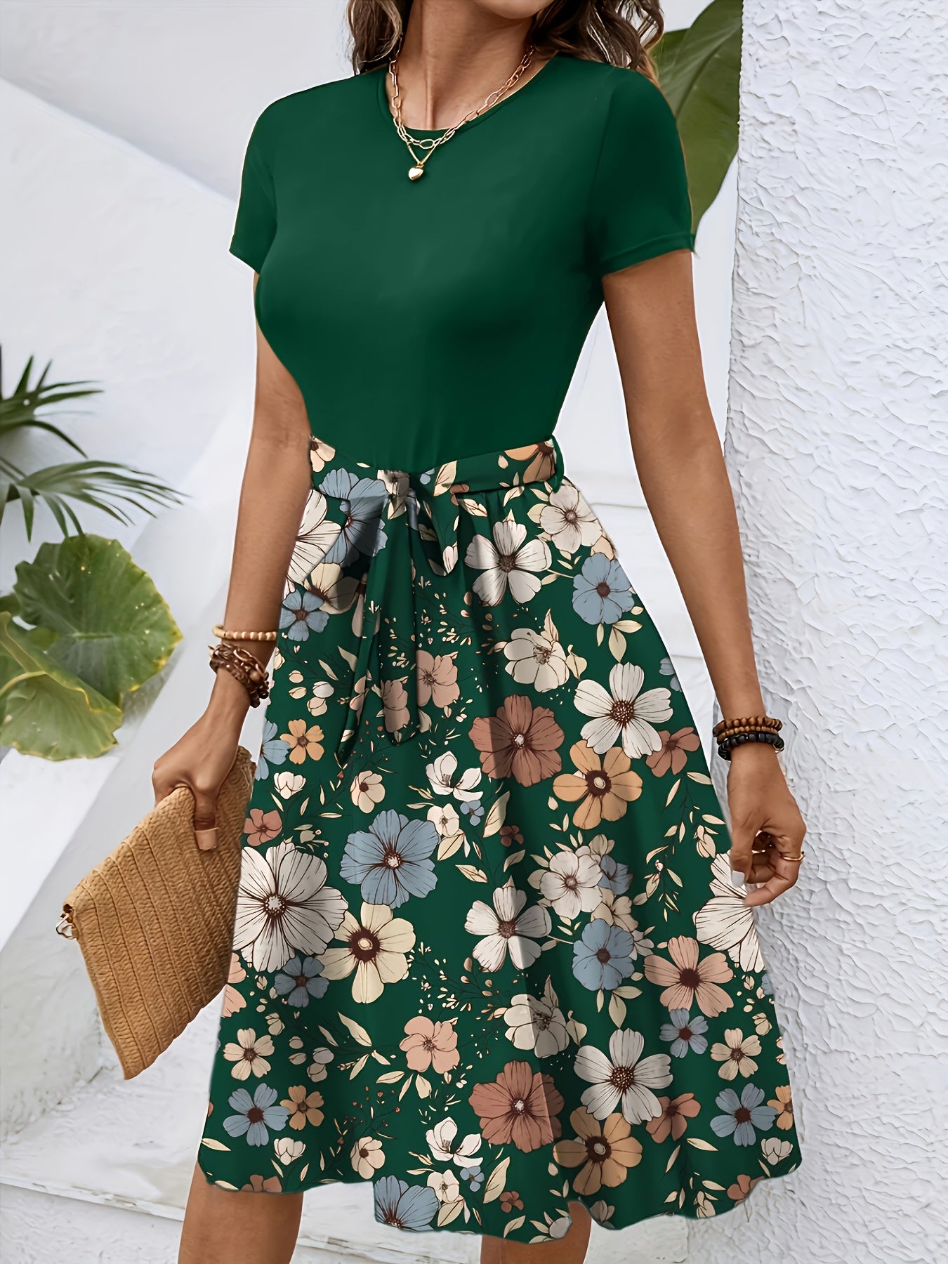 Effortless Floral Midi Dress for Women with Round Neck Short Sleeve Tie Waist A Line Style