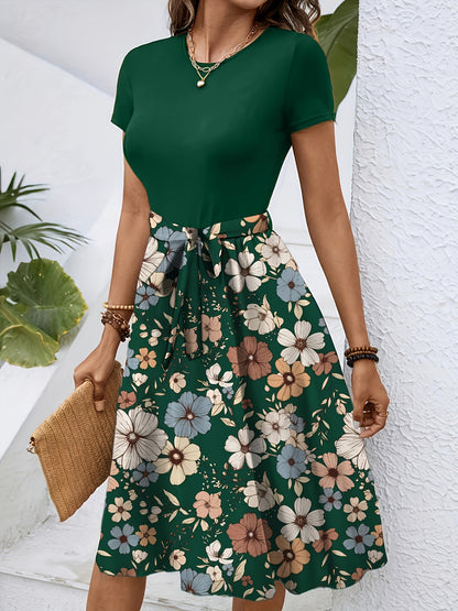 Effortless Floral Midi Dress for Women with Round Neck Short Sleeve Tie Waist A Line Style