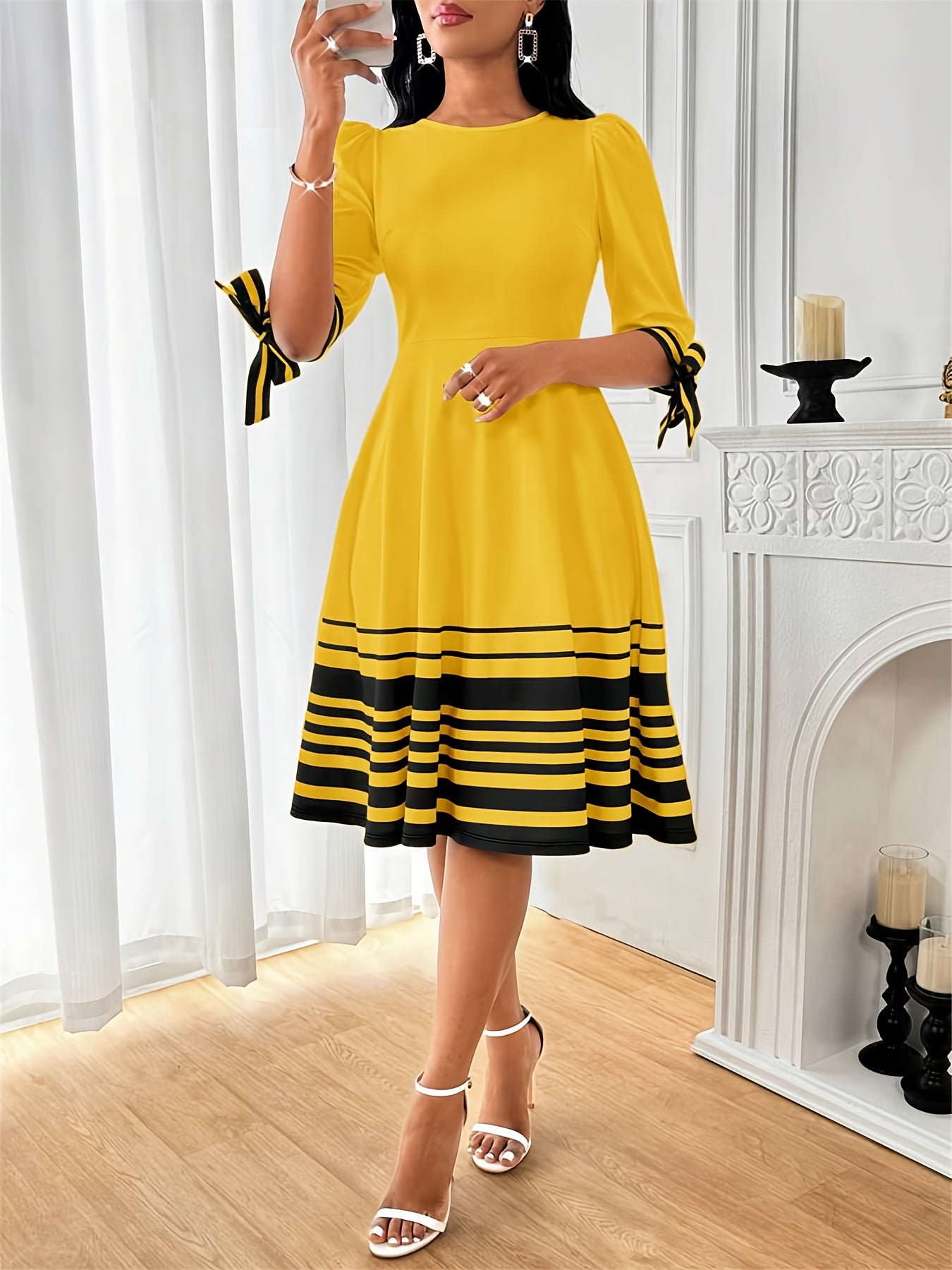 Elegant Border Print Midi Dress for Women with Round Neck Bubble Sleeve Bow Tie Flowing Style