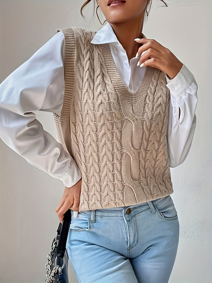 Comfortable Cable Knit Sweater Vest for Women with V Neck Sleeveless Cropped Oversized Style