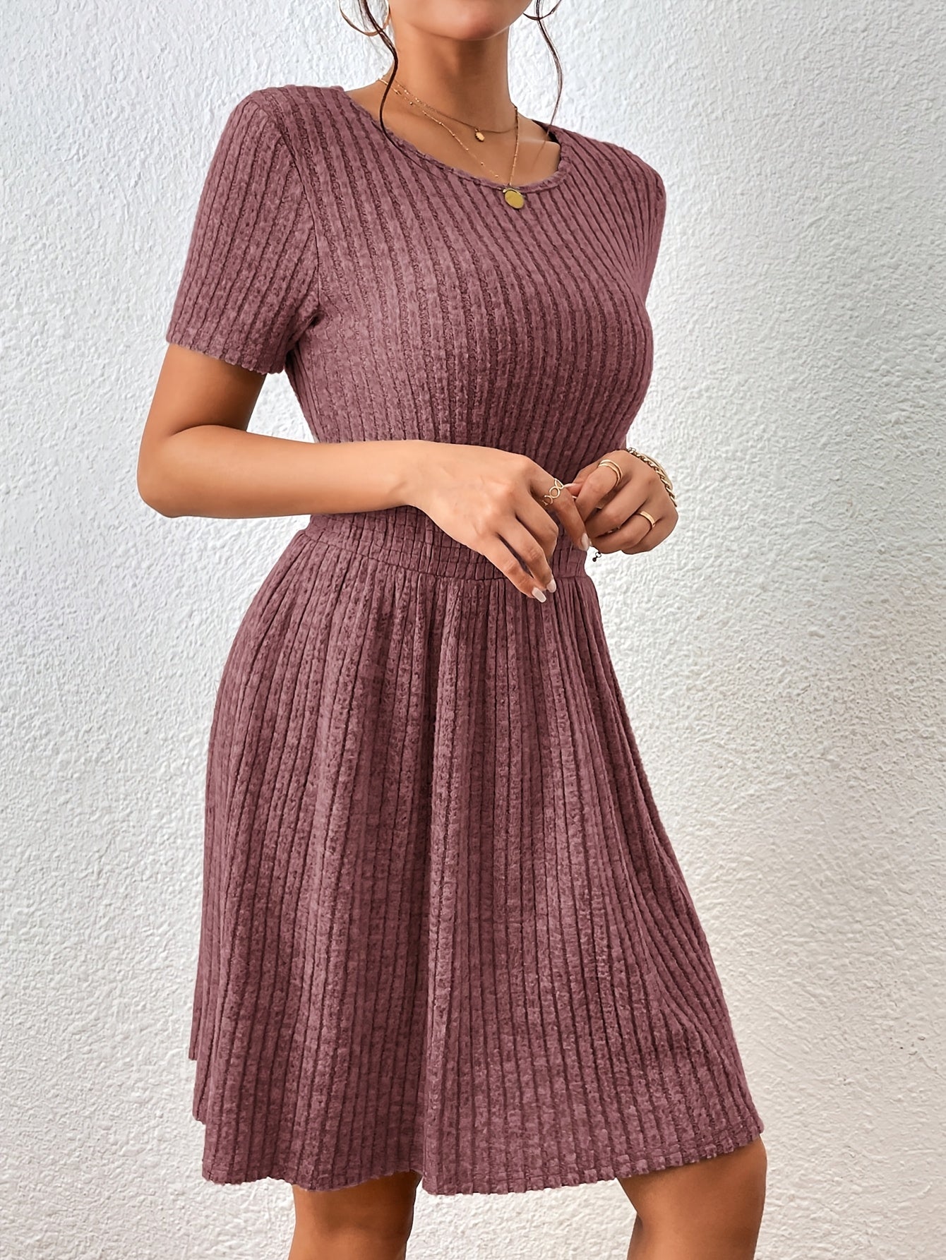 Comfortable Ribbed Knit Mini Dress for Women with Round Neck Short Sleeve Smocked Waist Casual Style