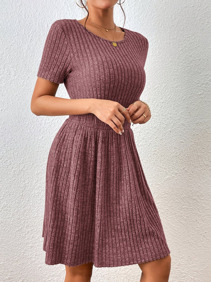 Comfortable Ribbed Knit Mini Dress for Women with Round Neck Short Sleeve Smocked Waist Casual Style