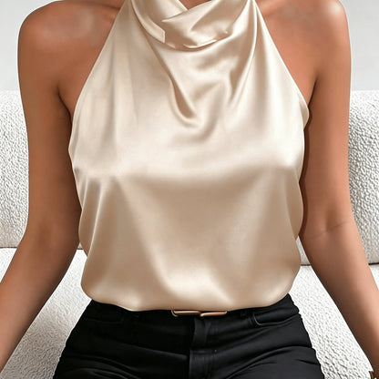 Elegant Satin Halter Top for Women with Cowl Neck Sleeveless Draped Silky Style