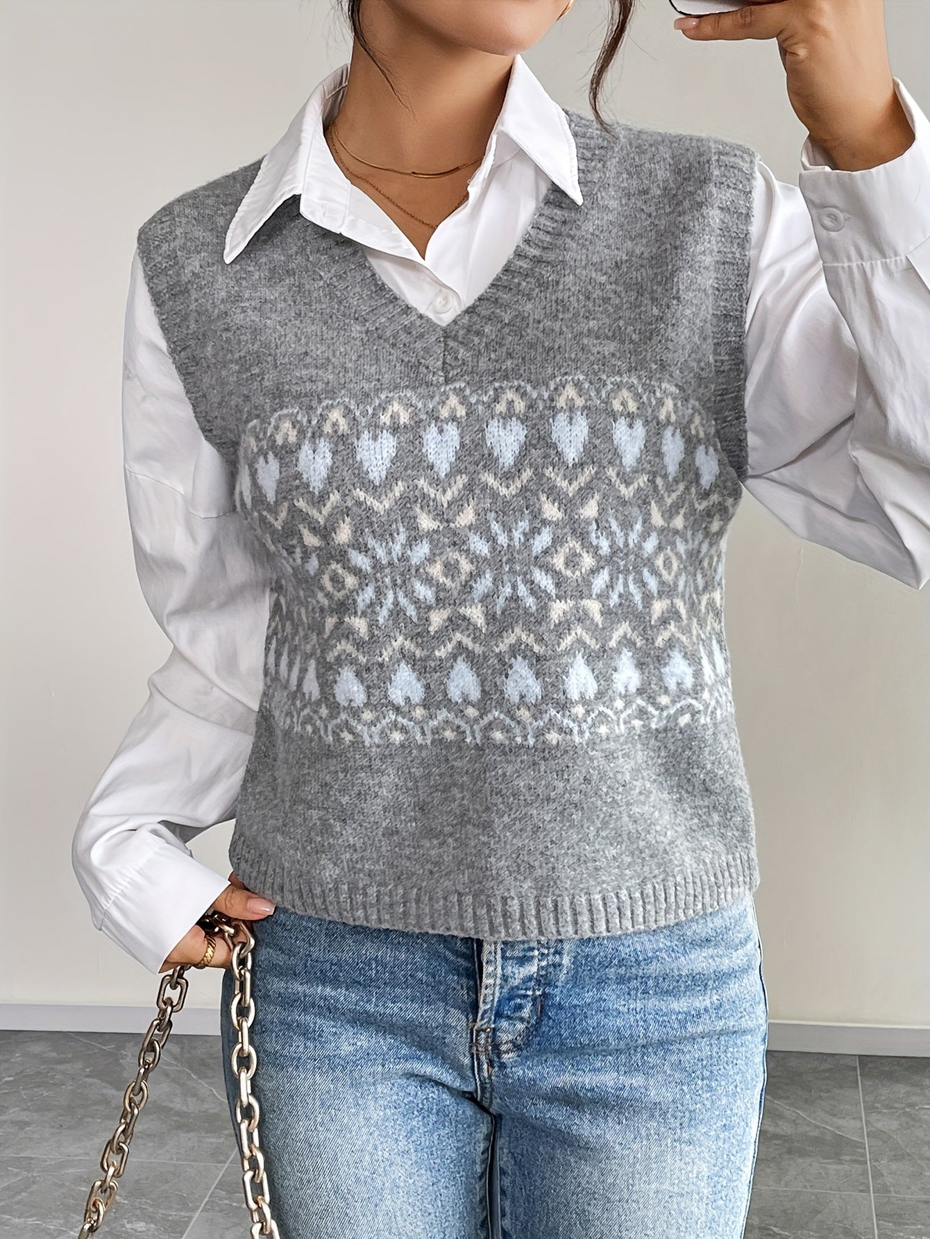 Comfortable Grey Fair Isle Sweater Vest for Women with V Neck Sleeveless Cropped Knit Style