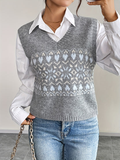 Comfortable Grey Fair Isle Sweater Vest for Women with V Neck Sleeveless Cropped Knit Style