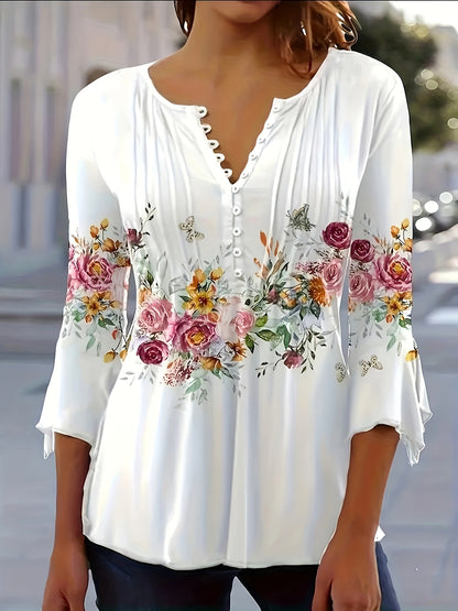 Elegant White Floral Blouse for Women with V Neck Bell Sleeve Button Front Relaxed Style