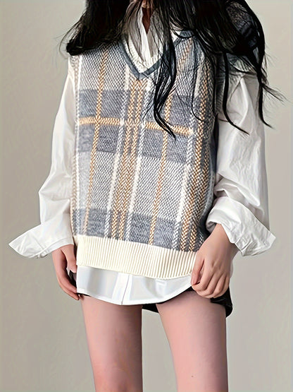 Comfortable Plaid Sweater Vest for Women with V Neck Sleeveless Oversized Knit Style