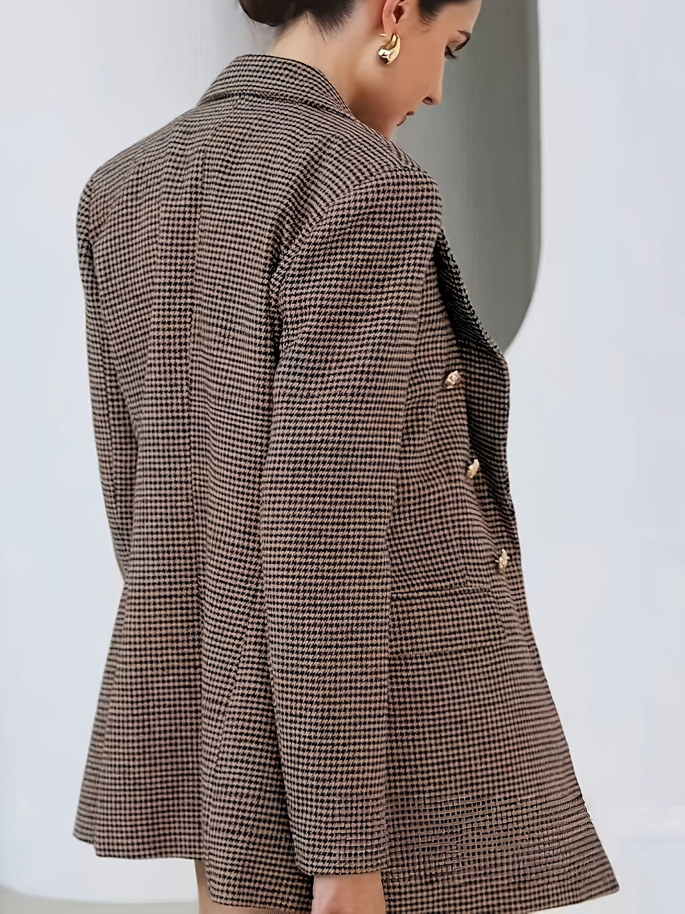 Elegant Coffee Brown Houndstooth Blazer for Women with Notched Lapel Long Sleeve Double Breasted Oversized Style